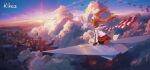  1girl absurdres angelina_(arknights) animal_ears arknights artist_name bird black_gloves black_shoes brown_hair chromatic_aberration city cloud commentary_request day film_grain floating_clothes floating_hair flying fox_ears fox_girl from_behind gloves hairband high_up highres hood hood_down hooded_jacket horizon jacket lens_flare long_hair long_sleeves multicolored_hairband outdoors paper_airplane red_hairband red_jacket red_scarf rikaz scarf shoes short_shorts shorts sky solo striped_clothes striped_hairband striped_scarf sunrise twintails two-tone_hairband white_jacket white_scarf wide_shot 