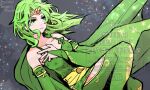  1girl bridal_gauntlets circle cloak collarbone commentary dated detached_sleeves dress expressionless final_fantasy final_fantasy_iv green_cloak green_dress green_eyes green_hair long_hair mizss rydia_(ff4) sash sleeveless sleeveless_dress solo yellow_sash 