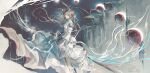 1girl absurdres amiya_(arknights) amiya_(guard)_(arknights) amiya_(guard)_(in_a_myriad_of_universes)_(arknights) animal_ears arknights black_skirt blue_eyes brown_hair commentary_request dress floating_hair from_side hat high-low_dress highres holding holding_sword holding_weapon jewelry long_hair luluandpaba multiple_rings official_alternate_costume rabbit_ears rabbit_girl ring ring_on_every_finger skirt solo standing sword weapon white_dress 
