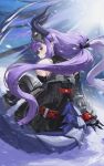  1girl absurdres arknights arknights:_endfield bare_shoulders black_bow black_gloves black_horns bng_sl816 boots bow closed_mouth commentary curved_horns demon_horns detached_sleeves from_behind gloves hair_bow hairband highres horns lantern long_hair long_sleeves looking_back low_twintails pink_eyes purple_hair signature sitting snow tail thighhighs twintails typhoeus_(arknights) typhon_(arknights) very_long_hair 