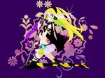  blonde_hair blue_eyes boots cable cd hako_(swimjelly) headphones kneeling lily_(vocaloid) long_hair microphone microphone_stand purple_background skirt solo thigh_boots thighhighs vocaloid 