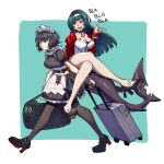  2girls apron astra_yao bag bare_legs belt black_bow black_hair blue_hair blunt_bangs bow bracelet breasts chain closed_mouth commentary crossed_legs dress duffel_bag earrings ellen_joe english_commentary english_text fins fish_tail full_body hair_intakes hair_ornament hairclip headband high_heels jewelry logo long_hair long_sleeves looking_ahead looking_at_another maid maid_apron maid_headdress mole mole_on_arm mole_under_eye multiple_girls necklace open_mouth pale_skin pantyhose pearl_necklace pink_eyes puffy_short_sleeves puffy_sleeves red_eyes rolling_suitcase shark_girl shark_tail short_hair short_sleeves simple_background sitting sitting_on_another's_tail sitting_on_person sitting_on_tail smile sparkle stick_in_mouth string_of_pearls suitcase tail try_yubi walking wrist_cuffs zenless_zone_zero 