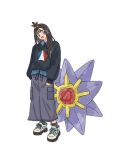  1girl aoaoe_2 black_hair black_socks black_sweater blush commentary_request cube_hair_ornament earclip grey_eyes grey_pants hair_ornament lida_(pokemon) long_hair long_sleeves looking_at_viewer open_mouth pants pokemon pokemon_(creature) pokemon_legends:_z-a shirt shoes smile socks starmie sweater topknot white_shoes 