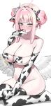  1girl absurdres animal_ear_hairband animal_ears animal_print bikini bikini_top_only blue_archive blush breasts collarbone commentary_request cow_ear_hairband cow_ears cow_horns cow_print cow_print_bikini cow_print_gloves cow_print_hairband cow_print_thighhighs double_bun elbow_gloves eyepatch_bikini fake_animal_ears feathered_wings flower gloves hair_bun hair_flower hair_ornament hair_scrunchie hairband halo highres horns large_breasts looking_at_viewer medium_hair mika_(blue_archive) nephthys2356 open_mouth pink_hair print_bikini print_gloves print_thighhighs scrunchie sidelocks single_side_bun smile swimsuit thighhighs thighs white_bikini white_gloves white_thighhighs wings yellow_eyes 