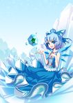  adapted_costume blue_dress blue_eyes blue_hair blue_nails bow cirno colored_eyelashes crown dress eyelashes frills frog frozen frozen_frog hair_bow hong_(white_spider) ice lace nail_polish short_hair smile solo touhou wings 