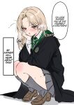  1girl absurdres arm_on_own_leg black_coat blonde_hair blush brown_shoes coat collared_shirt commentary curtained_hair draco_malfoy draco_malfoy_(redteneri) earrings english_commentary english_text facing_to_the_side genderswap genderswap_(mtf) green_eyes green_necktie grey_skirt grey_socks grey_sweater_vest hand_on_own_face harry_potter_(series) highres hogwarts_school_uniform hoop_earrings jewelry loafers long_hair long_sleeves looking_at_viewer nakatokung necktie open_mouth pleated_skirt school_uniform shadow shirt shoes simple_background skirt slytherin socks solo speech_bubble squatting sweatdrop sweater_vest tsundere white_background white_shirt wizarding_world 