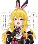  1boy 1girl :d ahoge animal_ear_hairband animal_ears bar_censor black_gloves blonde_hair blush censored commentary_request cum cum_on_body cum_on_fingers elbow_gloves fake_animal_ears gloves green_eyes hairband half-closed_eyes handjob heart hetero highres hoshii_miki idolmaster idolmaster_(classic) idolmaster_million_live! idolmaster_million_live!_theater_days kamen_per long_hair looking_at_viewer necktie official_alternate_costume open_mouth penis rabbit_ear_hairband rabbit_ears red_necktie simple_background smile solo_focus speech_bubble translation_request upper_body white_background 