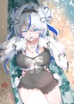  1girl :p absurdres ahoge aokumo_rin aokumo_rin_(4th_costume) artist_request beach black_bow black_hairband black_one-piece_swimsuit blue_eyes blue_nails blue_streaks blurry blurry_edges bow breasts cleavage closed_mouth colored_eyelashes commentary_request cowboy_shot crossed_bangs day detached_sleeves double_bun fingernails frilled_hairband frilled_one-piece_swimsuit frills from_above grey_hair hair_bun hair_ornament hairband hands_up heart heart_hair_ornament heart_hands highres korean_commentary large_breasts long_hair long_sleeves looking_at_viewer looking_up lying multicolored_hair nail_polish on_back on_hammock one-piece_swimsuit outdoors parted_bangs second-party_source sleeve_bow sleeves_past_wrists solo starfish stellive streaked_hair swimsuit tongue tongue_out twintails virtual_youtuber water white_eyelashes white_sleeves 