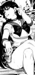  airpods beer_can bench bishoujo_senshi_sailor_moon breasts can choker cigarette crossed_legs drink_can earrings floating_earrings gloves greyscale highres hino_rei ireading jewelry large_breasts long_hair miniskirt monochrome on_bench pleated_skirt sailor_collar sailor_mars sitting skirt smoking star_(symbol) star_earrings thighs under-elbow_gloves wireless_earphones 