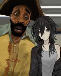  1boy 1girl backrooms_(2026_movie) backrooms_(creepypasta) beard black_hair black_jacket bright_pupils brown_eyes brown_hat buttons cape closed_mouth collarbone dark-skinned_male dark_skin expressionless facial_hair guguguguh hair_between_eyes hat highres indoors jacket long_hair looking_at_viewer looping_the_rooms_(vocaloid) looping_the_rooms_girl messy_hair pale_skin pirate_clark pirate_hat plaid_clothes plaid_jacket shirt single_bare_shoulder spoilers white_cape white_pupils white_shirt wolf_cut yellow_shirt 