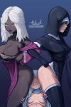  3girls areola_slip artist_name ass black_gloves black_thighhighs blue_nipples breasts cleavage collarbone colored_eyelashes colored_nipples commentary dark-skinned_female dark_skin doktor_malefic doll_joints dress elden_ring elden_ring_nightreign english_commentary from_side girl_sandwich gloves highres joints large_breasts lips long_hair medium_breasts multiple_girls puffy_nipples purple_background purple_dress purple_sleeves recluse_(elden_ring) red_eyes revenant_(elden_ring) sandwiched signature simple_background small_breasts thighhighs undertaker_(elden_ring) white_eyelashes white_hair 