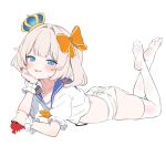  1girl blue_eyes bow closed_mouth commentary crown english_commentary feet hair_bow hand_on_own_cheek hand_on_own_face highres hitsukuya looking_at_viewer lying marimari_(vtuber) medium_hair on_stomach orange_bow panties phase_connect shirt simple_background smile soles solo the_pose toes tongue tongue_out underwear virtual_youtuber white_background white_hair white_panties white_shirt 