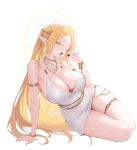  1girl absurdres arm_support armlet artist_request bracelet breasts circlet cleavage dress elf food forehead fruit game_asset glowing glowing_hair gold_armlet gold_bracelet gold_circlet gold_necklace gold_thighlet green_eyes hair_intakes half-closed_eyes halo highres hiraia hiraia_(oath) holding holding_food holding_fruit jewelry long_hair long_pointy_ears necklace official_art one_eye_closed open_mouth pointy_ears poker_fate simple_background sitting solo thick_thighs thighlet thighs transparent_background upper_body very_long_hair white_dress 