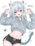  1girl absurdres animal_ear_fluff animal_ears black_shorts blue_eyes cat_ears cat_girl cat_tail claw_pose cropped_hoodie dolphin_shorts extra_ears grey_hair highres hood hood_down hoodie long_sleeves looking_at_viewer medium_hair meowing navel original paw_print shorts silver_hair_(pixiv_110213139) simple_background solo stomach tail white_background 