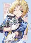  1boy blonde_hair blue_coat coat commentary_request dissidia_duellum_final_fantasy dissidia_final_fantasy final_fantasy final_fantasy_ix gloves green_eyes highres kirahoshi_x lapels long_hair looking_at_viewer male_focus one_eye_closed outstretched_hand smile solo tailcoat upper_body white_gloves zidane_tribal zidane_tribal_(stellazzio's_scion) 