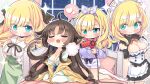  4girls :d absurdres ahoge apron artist_request black_bow black_hair black_ribbon blonde_hair blue_bow blue_eyes blush bow breasts cleavage closed_eyes closed_mouth frilled_hairband frills game_asset gloves green_skirt hair_dryer hairband heart highres holding holding_hair_dryer kneeling long_hair looking_at_another looking_at_viewer maid maid_apron multiple_girls on_bed open_mouth ousama_ren'ai parted_lips pink_pillow purple_hairband purple_shorts ribbon shorts sitting skirt smile standing star_(symbol) striped_clothes striped_shorts very_long_hair wariza white_background white_gloves window 