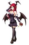  bat_wings bespectacled black_legwear book breasts cleavage detached_sleeves earrings glasses head_wings jewelry kin'iro_sakana-kan koakuma legs long_hair medium_breasts pointy_ears red_hair skirt solo thighhighs touhou wings yellow_eyes 