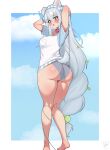  1girl absurdres animal_ears ass ass_focus ball barefoot blue_eyes collar commentary dog_ears dog_girl dog_tail english_commentary grey_hair grey_panties hair_between_eyes hair_ornament highres indie_virtual_youtuber long_hair looking_back open_mouth panties pink_collar ponytail shirt solo spiked_collar spikes tail tennis_ball tennis_ball_hair_ornament thighs underwear vei_(dog_girl)_(vtuber) vei_(vtuber) veridraws very_long_hair virtual_youtuber white_shirt x_hair_ornament 