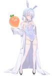 1girl absurdres ahoge animal_ears bandaid bandaid_on_leg bandaid_on_shoulder bare_shoulders black_shoes black_survival blue_eyes blush breasts coat detached_collar eternal_return:_black_survival eyepatch fake_animal_ears full_body ghost hair_between_eyes hand_up highres legs leotard long_sleeves looking_at_viewer medium_hair molyb necktie off_shoulder open_clothes open_coat parted_lips playboy_bunny rabbit_ears shoes simple_background sissela_(black_survival) small_breasts thighhighs thighs white_background white_coat white_hair white_leotard white_necktie white_thighhighs wilson_(black_survival) 