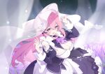  1girl allie_(stella_sora) breasts cleavage clothing_cutout dress green_eyes hair_between_eyes highres juliet_sleeves large_breasts long_hair long_sleeves looking_at_viewer maid maid_headdress official_art open_mouth pink_hair puffy_sleeves shoulder_cutout smile solo stella_sora third-party_source 