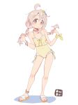 1girl absurdres ahoge anklet bare_arms bare_legs bare_shoulders barefoot bead_anklet beads breasts brown_eyes collar collarbone commentary copyright_name earrings flip-flops flower flower_earrings frilled_one-piece_swimsuit frills full_body hair_flower hair_ornament highres holding_own_hair jewelry jibijibipen light_blush long_hair low_twintails multi-tied_hair one-piece_swimsuit onii-chan_wa_oshimai! oyama_mahiro pink_collar pink_hair sandals scrunchie simple_background small_breasts smile solo standing swimsuit twintails white_background wrist_scrunchie yellow_one-piece_swimsuit yellow_scrunchie 