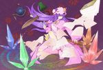  asasa_(jack21) book bow celestial_sphere crystal feathers flying_paper hair_bow hair_ribbon hat inkwell lamp long_hair magic_circle paper patchouli_knowledge purple_eyes purple_hair ribbon solo touhou 