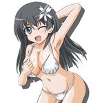  bikini black_eyes black_hair breasts flower highres large_breasts leaning_forward long_hair one_eye_closed saten_ruiko solo swimsuit takumi_(rozen_garten) to_aru_kagaku_no_railgun to_aru_majutsu_no_index 