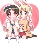  ana_coppola animal_ears black_hair blonde_hair blue_eyes blush bunny_ears child coat earmuffs hachi_(orange) hair_bobbles hair_ornament hug ichigo_mashimaro itou_chika kneehighs long_hair multiple_girls panties pantyshot pantyshot_(sitting) pink_panties scarf shared_scarf short_hair side_ponytail sitting skirt socks underwear 