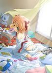  alarm_clock barefoot bed bird blonde_hair blue_eyes cake child clock creamer_(vessel) curtains doughnut dutch_angle food indoors kamikita_komari light_rays little_busters! mouth_hold one_eye_closed pajamas panties pastry penguin plaid plaid_skirt school_uniform short_hair sitting skirt soles solo striped striped_panties sunbeam sunlight tea_set underwear waha_(artist) wariza window 