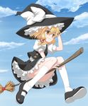  blonde_hair bluepony broom broom_riding buttons cloud convenient_leg day dress flying hat hat_ribbon highres kirisame_marisa kneehighs mary_janes ribbon shoes sky socks solo touhou witch_hat yellow_eyes 