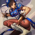  ass boots bracelet brown_eyes brown_hair bun_cover china_dress chinese_clothes chun-li double_bun dress earrings jewelry leg_lift ookami_(pixiv27280) pantyhose pelvic_curtain sash solo spiked_bracelet spikes street_fighter 