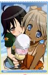  :p ;q absurdres ahoge beach blush brown_eyes copyright_request dark_skin fisheye food foreshortening highres ice_cream lace_border licking multiple_girls nagoya_kouchin nail_polish ocean one-piece_tan one_eye_closed page_number tan tanline tongue tongue_out 