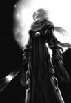  armor long_hair looking_at_viewer lowres monochrome moon night s_zenith_lee scarf sword weapon 