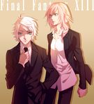  1girl alternate_costume bad_id bad_pixiv_id blue_eyes brown_background copyright_name final_fantasy final_fantasy_xiii formal hope_estheim lightning_farron midorigawa_akari necktie pant_suit pink_hair short_hair silver_hair suit 