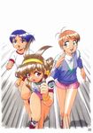  battle_athletes blue_eyes blue_hair brown_hair crossover green_eyes gym_uniform hairband highres kanzaki_akari kanzaki_hitomi leotard long_hair low-tied_long_hair matsubara_aoi multiple_girls purple_leotard red_eyes running shorts sonoda_ken'ichi tenkuu_no_escaflowne to_heart trait_connection 