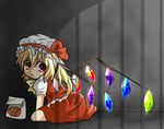  bag bars blonde_hair flandre_scarlet hat hat_ribbon hiiringu long_hair mcdonald's prison puffy_sleeves red_eyes ribbon seiza side_ponytail sitting skirt solo source_request touhou wings 