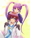  1girl asbel_lhant bad_id bad_pixiv_id blue_eyes brown_hair flower gloves noko_(artist) purple_eyes purple_hair smile sophie_(tales) tales_of_(series) tales_of_graces twintails 