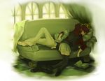  1girl barefoot bent_over book brother_and_sister couch feet hair_bobbles hair_ornament hetero incest jacket kiss lying pekoo_(pekota) red_hair short_hair siblings sleeping thighhighs twintails umineko_no_naku_koro_ni ushiromiya_ange ushiromiya_battler zettai_ryouiki 