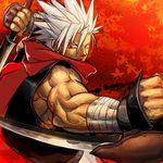  bandages blade chipp_zanuff dual_wielding glowing glowing_eyes guilty_gear holding leaf male_focus maple_leaf ninja ookami_(pixiv27280) red_eyes red_scarf scarf solo spiked_hair white_hair 