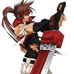  bandages brown_hair gloves guilty_gear headband injury kyouhei long_hair male_focus muscle sol_badguy solo sword torn_clothes weapon yellow_eyes 