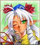  calnarsa dorothy_mistral drill_hair green_eyes one_eye_closed shikishi solo super_robot_wars super_robot_wars_og_saga_mugen_no_frontier white_hair 