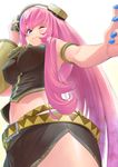  bad_id bad_pixiv_id belt blue_eyes blue_nails breasts covered_nipples headset highres large_breasts long_hair megurine_luka nail_polish navel one_eye_closed pink_hair smile solo very_long_hair vocaloid yaguchiya_tomoshi 