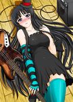  akiyama_mio amplifier bangs bass_guitar black_hair blue_eyes blunt_bangs blush breasts cable don't_say_&quot;lazy&quot; dress facepaint fender fingerless_gloves gloves hat hime_cut hozumi_kenji instrument jazz_bass k-on! large_breasts long_hair lying mini_hat mini_top_hat nail_polish on_back red_nails solo striped thighhighs top_hat 