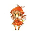  animal_ears arms_behind_back bad_id bad_pixiv_id black_eyes blush bow brown chibi dress full_body hair_bow hat kneehighs legs looking_down mary_janes mystia_lorelei no_nose piyyoota shoes short_hair shy simple_background sketch socks solo standing touhou white_background wings 