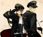  axis_powers_hetalia brown_hair cuffs from_behind germany_(hetalia) gloves handcuffs hat jewelry looking_back military military_uniform multiple_boys necklace northern_italy_(hetalia) one_eye_closed open_clothes peaked_cap riding_crop salute silver_hair smile suspenders trench_coat uniform yori@furukomi_genkouchuu 
