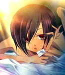  bed_sheet brown_hair close-up ikezawa_kazuma kagetsu_kei light_rays looking_at_viewer lying male_focus on_stomach pov red_eyes red_hair solo summer_wars sunlight 
