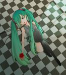  boots checkered checkered_background checkered_floor flower green_eyes green_hair hatsune_miku headphones long_hair lying on_back sai_(pirka) solo thighhighs twintails vocaloid 