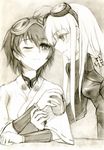  ahoge bad_id bad_pixiv_id blush cup goggles goggles_on_head hanna-justina_marseille japanese_clothes katou_keiko kisetsu long_hair monochrome multiple_girls one_eye_closed sepia short_hair sketch smile traditional_media uniform world_witches_series 