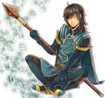  black_hair blue_eyes brown_hair cosplay elbow_gloves gloves jade_curtiss jade_curtiss_(cosplay) janis_(hainegom) long_hair male_focus one_eye_closed polearm raven_(tales) smile solo spear tales_of_(series) tales_of_the_abyss tales_of_vesperia weapon 