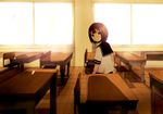  brown_hair classroom desk from_behind indoors light_smile looking_back original school_desk school_uniform serafuku short_hair solo sunlight tamayo window 